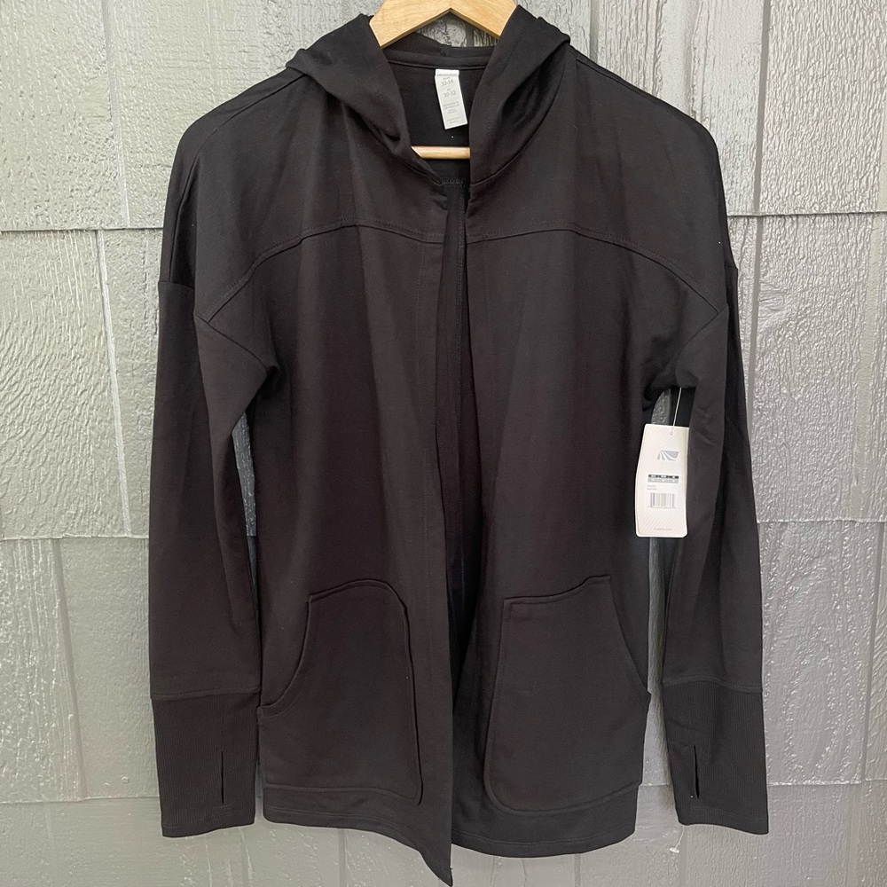 Marika black hooded open front pockets back slit cardigan sweater